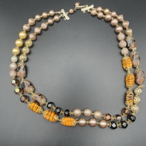 Lot 6 Vintage Style Statement Necklaces Bronze Gold Faux Pearl Beaded Boho Layer - Picture 2 of 14